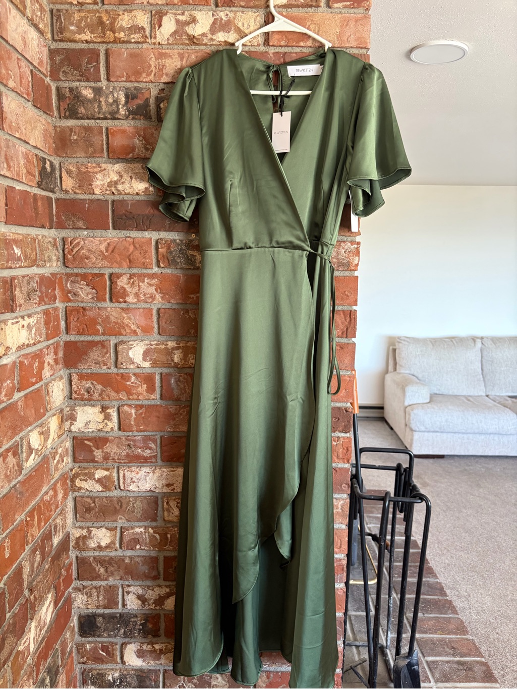 Olive Green Satin Wrap Maxi Dress With Short Sleeves — image 2 of 5